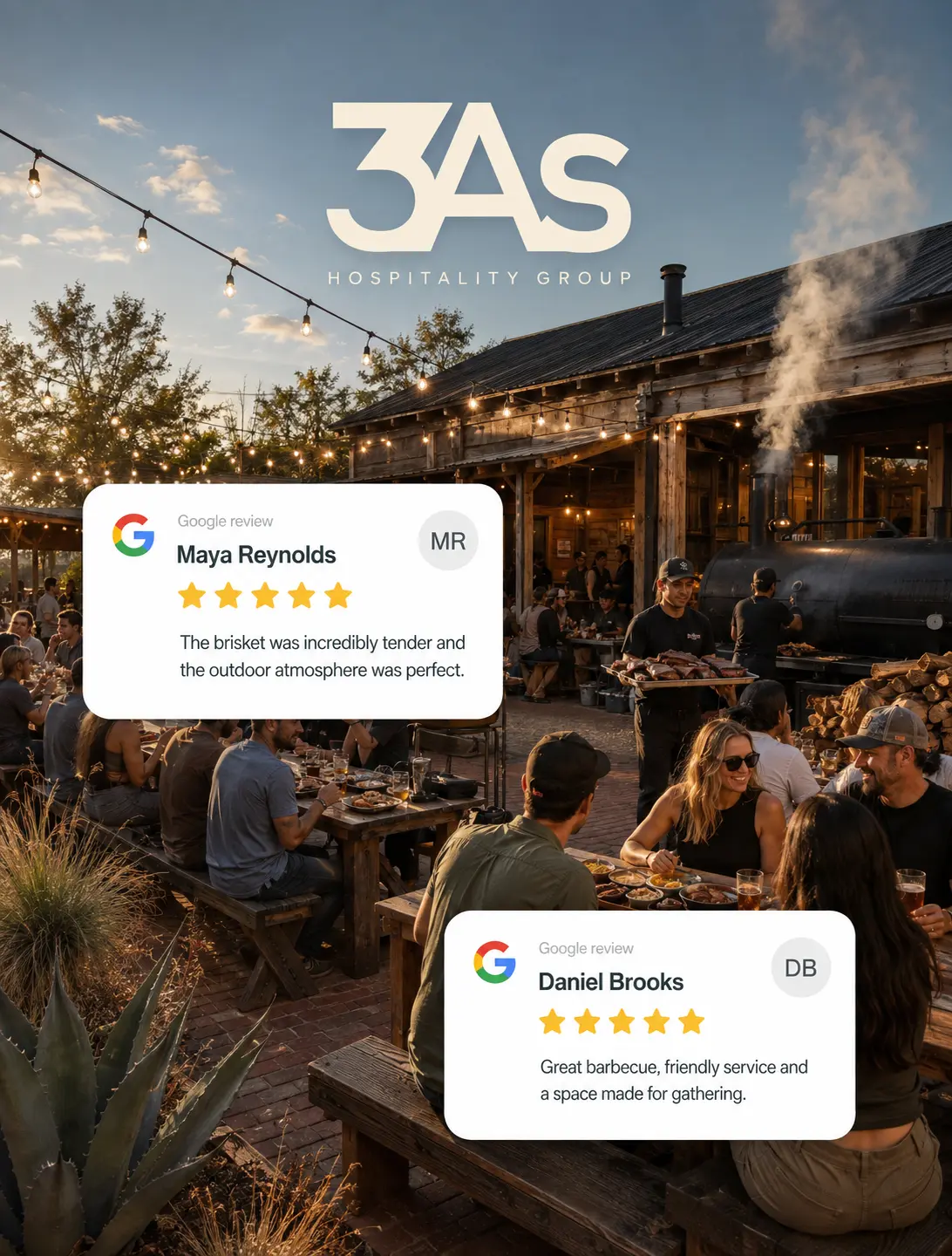 Outdoor dining scene with Google review cards for a barbecue restaurant