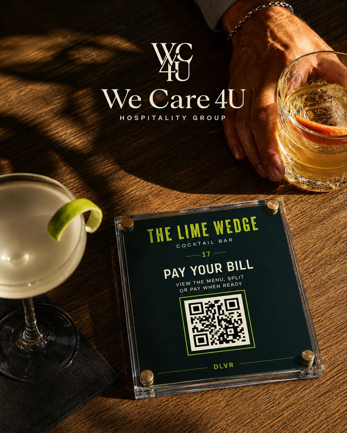 QR table card for a cocktail bar letting guests view the menu and pay their bill