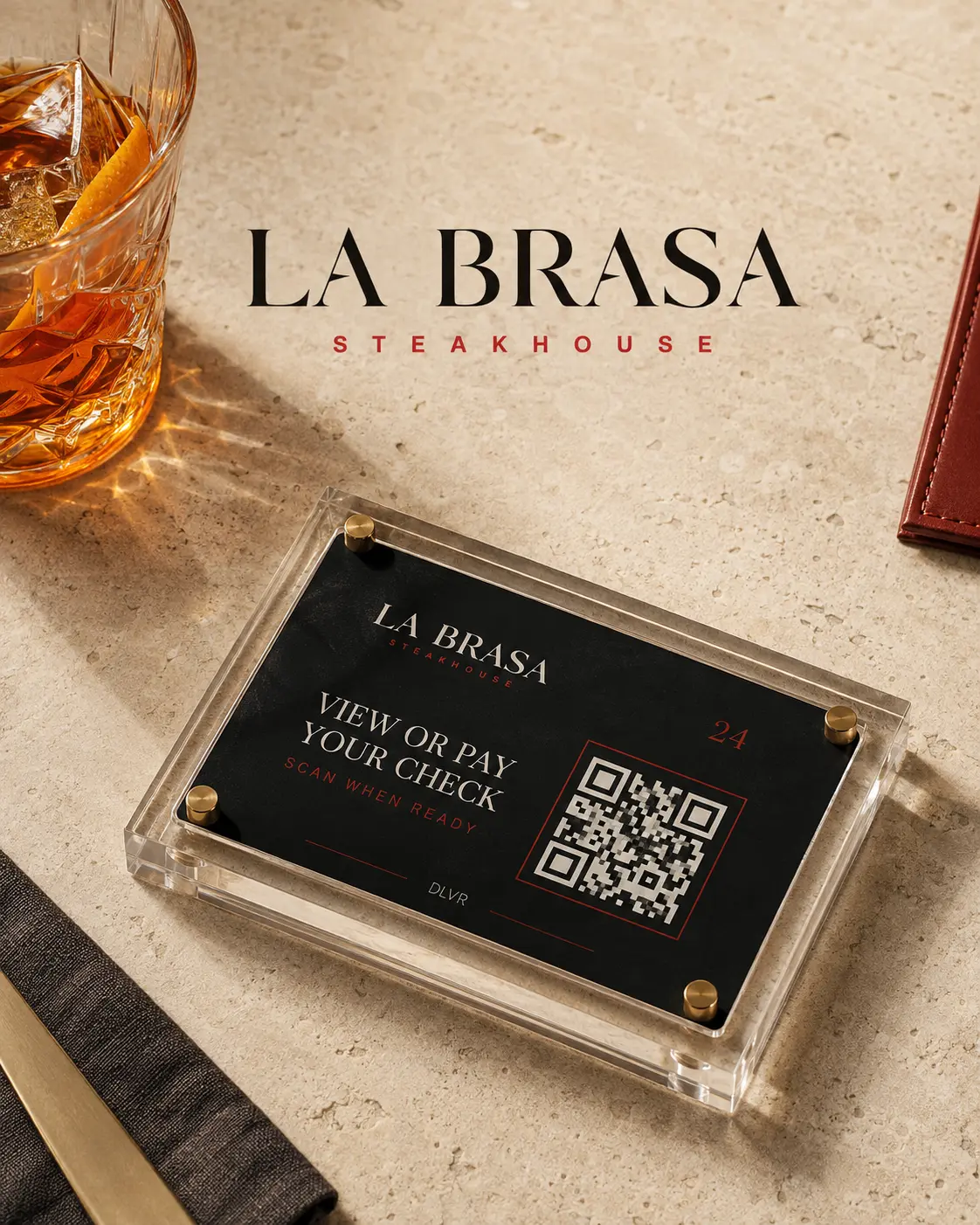 Steakhouse table card to view or pay the check by QR