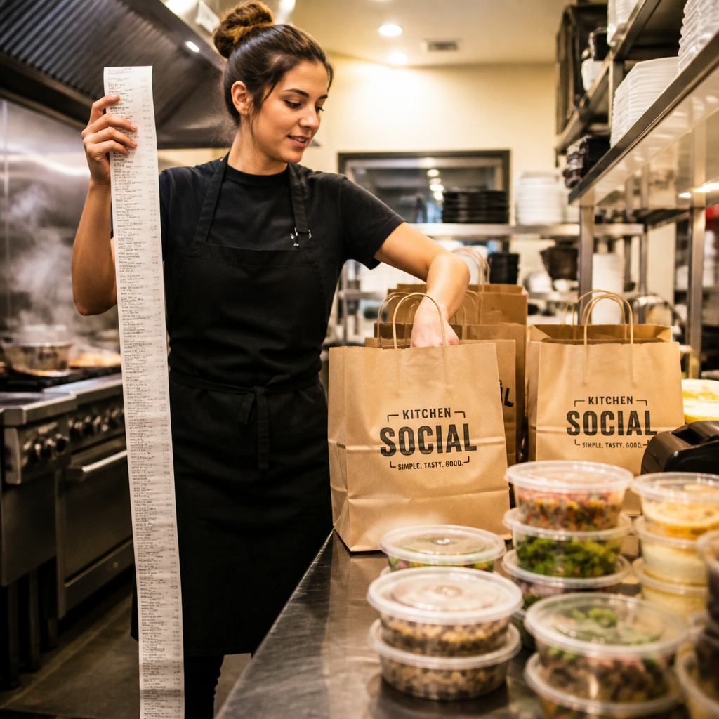 Restaurant staff packing orders with a long receipt