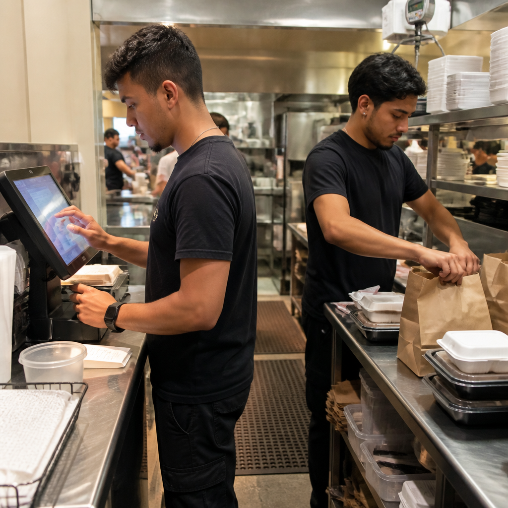 Two restaurant staff using a POS and packing a takeout order