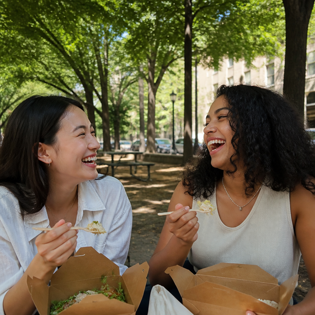 Two people enjoying takeout together and sharing a friendly moment